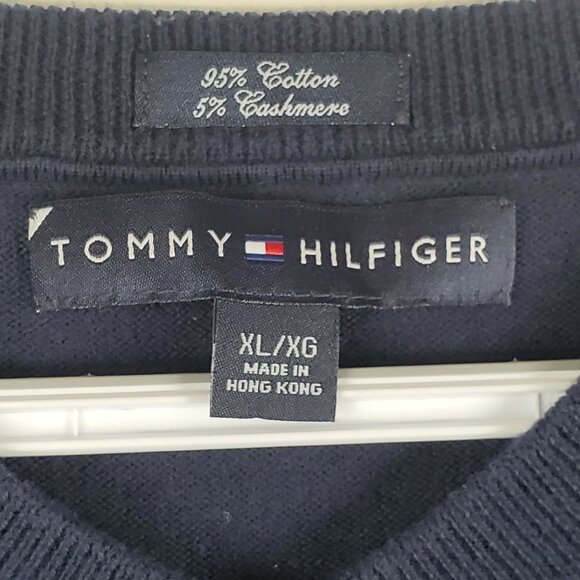 Tommy Hilfiger Cashmere Blend Sweater Size XL Pullover V Neck Embroidery Blue - Picture 2 of 5